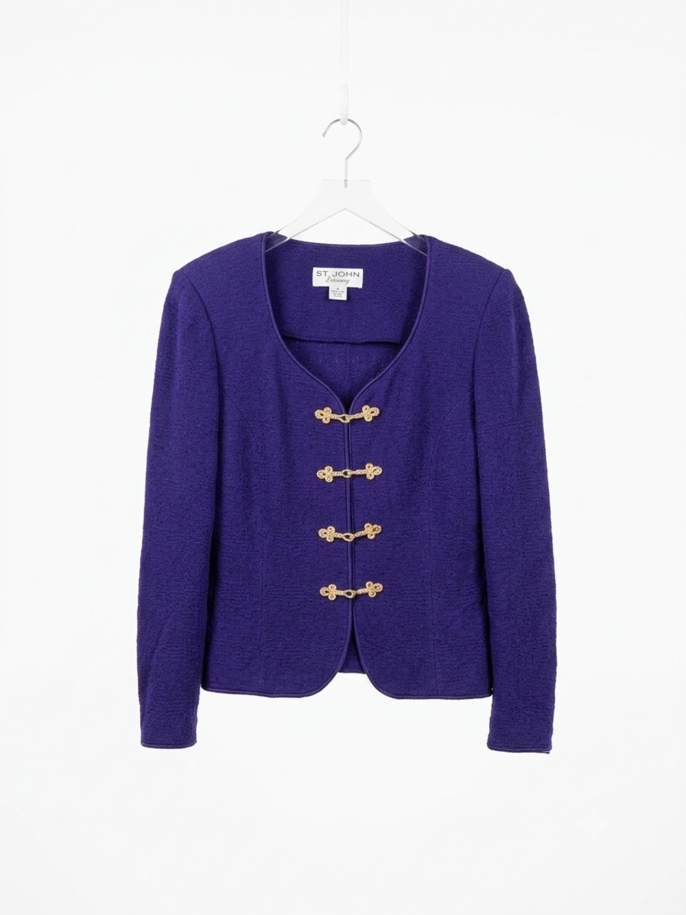 St. John Evening Purple Knit Gold Toggle Frog Closure Blazer Jacket Size 8